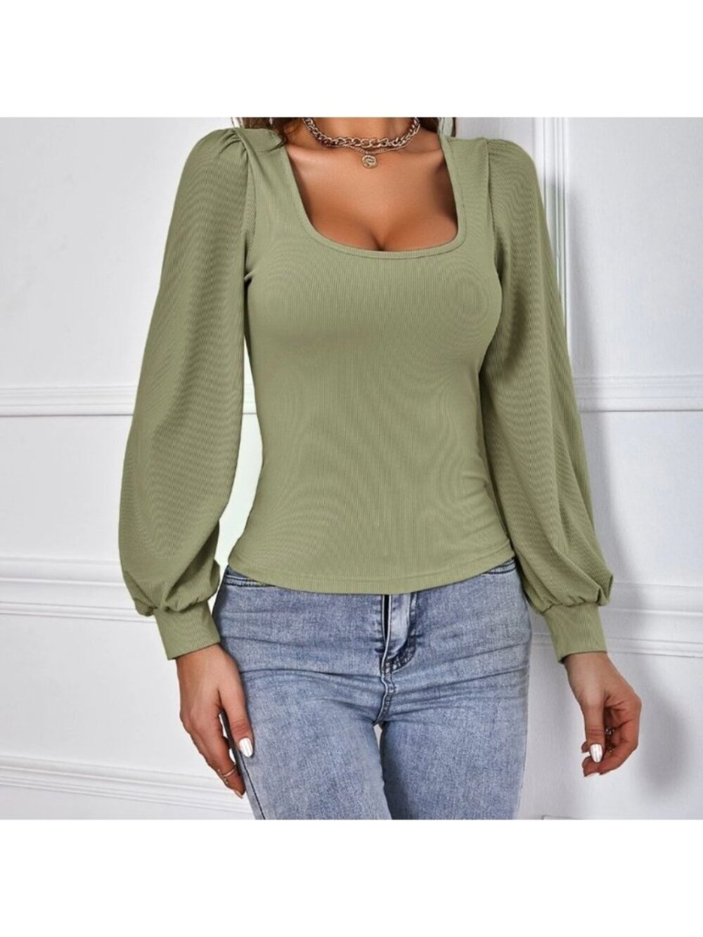LAST ONE 🔥 Khaki Green Long Sleeved  Ribbed Tee
